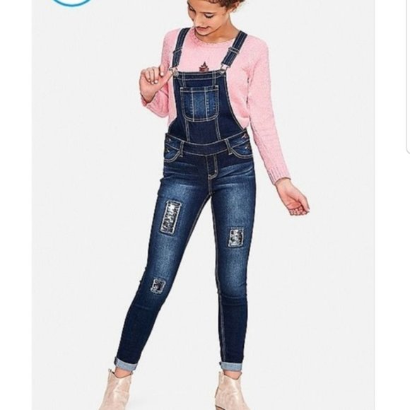 Justice Flip Sequin Distressed Cuff Ankle Overalls Size Girl's 10 - Picture 2 of 14